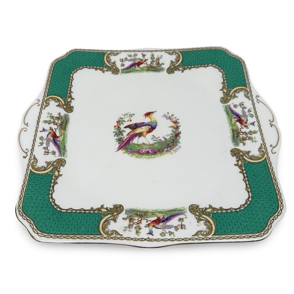 Vintage Myott Chelsea Bird Green Square Handled Cake Plate 11.5" Staffordshire